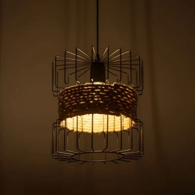 Φωτιστικό ORB Vintage κρεμαστό φωτιστικό πλέγμα μονόφωτο 1xE27 μαύρο μέταλλο με μπεζ σχοινί διάστασης Μ28 x Π28 x Υ80cm