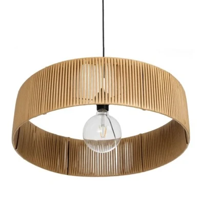 GloboStar® KYCLOS 203-0044 Boho Κρεμαστό Φωτιστικό Καπέλο Μονόφωτο 1 x E27 IP20 Μπέζ Rattan - M55 x Π55 x Υ20cm