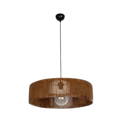 GloboStar® KYCLOS 203-0045 Boho Κρεμαστό Φωτιστικό Καπέλο Μονόφωτο 1 x E27 IP20 Καφέ Rattan - M55 x Π55 x Υ90cm