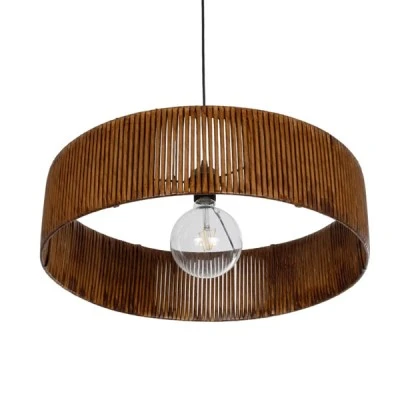 GloboStar® KYCLOS 203-0045 Boho Κρεμαστό Φωτιστικό Καπέλο Μονόφωτο 1 x E27 IP20 Καφέ Rattan - M55 x Π55 x Υ90cm