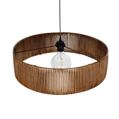 GloboStar® KYCLOS 203-0045 Boho Κρεμαστό Φωτιστικό Καπέλο Μονόφωτο 1 x E27 IP20 Καφέ Rattan - M55 x Π55 x Υ90cm