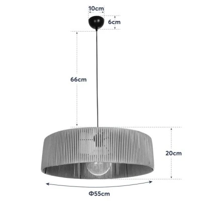 GloboStar® KYCLOS 203-0045 Boho Κρεμαστό Φωτιστικό Καπέλο Μονόφωτο 1 x E27 IP20 Καφέ Rattan - M55 x Π55 x Υ90cm