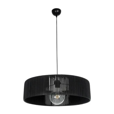 GloboStar® KYCLOS 203-0046 Boho Κρεμαστό Φωτιστικό Καπέλο Μονόφωτο 1 x E27 IP20 Μαύρο Rattan - M55 x Π55 x Υ90cm