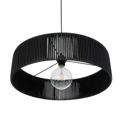 GloboStar® KYCLOS 203-0046 Boho Κρεμαστό Φωτιστικό Καπέλο Μονόφωτο 1 x E27 IP20 Μαύρο Rattan - M55 x Π55 x Υ90cm