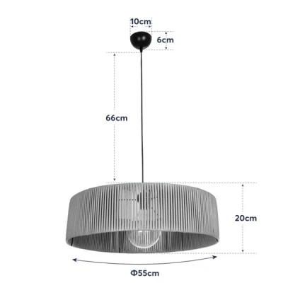 GloboStar® KYCLOS 203-0046 Boho Κρεμαστό Φωτιστικό Καπέλο Μονόφωτο 1 x E27 IP20 Μαύρο Rattan - M55 x Π55 x Υ90cm