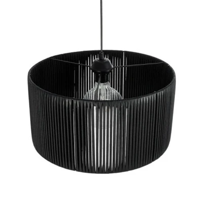 GloboStar® KYCLOS 203-0048 Boho Κρεμαστό Φωτιστικό Καπέλο Μονόφωτο 1 x E27 IP20 Μαύρο Rattan - M40 x Π40 x Υ25.5cm