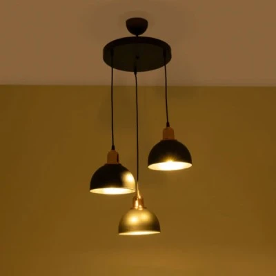 GloboStar® ΗUT 203-0146 Vintage Κρεμαστό Φωτιστικό Καμπάνα Τρίφωτο 3 x E27 IP20 Μαύρο με Χρυσό Πλαστικό - Μ40 x Π40 x Υ76cm