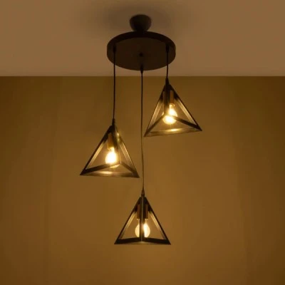 GloboStar® TRIANGLE 203-0162 Vintage Κρεμαστό Φωτιστικό Καμπάνα Τρίφωτο 3 x E27 IP20 Μαύρο με Χρυσό Πλαστικό - Μ50 x Π50 x Υ80cm