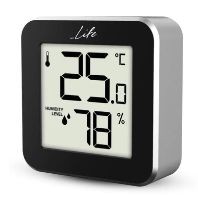 Ψηφιακό θερμόμετρο και υγρόμετρο LIFE Alu Mini εσωτερικού χώρου σε μαύρο χρώμα με πλαίσιο αλουμινίου
