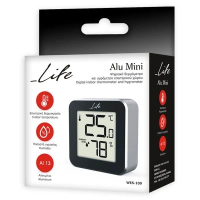 Ψηφιακό θερμόμετρο και υγρόμετρο LIFE Alu Mini εσωτερικού χώρου σε μαύρο χρώμα με πλαίσιο αλουμινίου