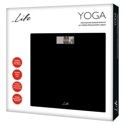 Γυάλινη ηλεκτρονική ζυγαριά μπάνιου LIFE YOGA με ένδειξη θερμοκρασίας χώρου με ψηφιακή οθόνη