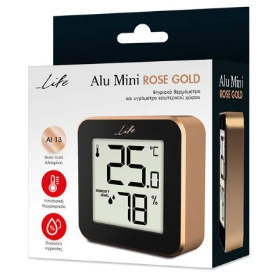 Ψηφιακό θερμόμετρο και υγρόμετρο LIFE Alu Mini ROSE GOLD εσωτερικού χώρου με πλαίσιο αλουμινίου
