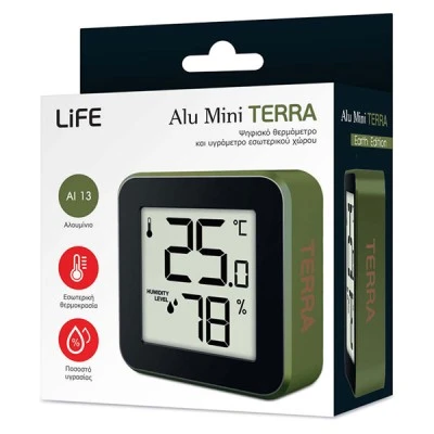 Ψηφιακό θερμόμετρο και υγρόμετρο LIFE ALU MINI TERRA εσωτερικού χώρου σε cedar green χρώμα