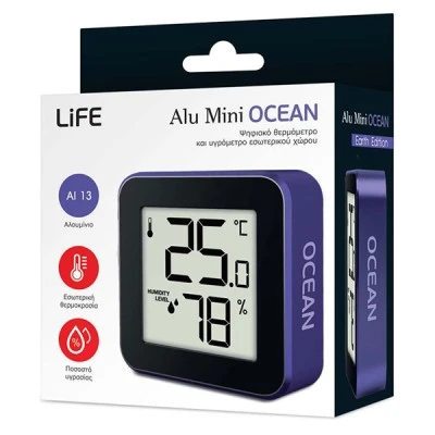 Ψηφιακό θερμόμετρο και υγρόμετρο LIFE ALU MINI OCEAN εσωτερικού χώρου με πλαίσιο αλουμινίου