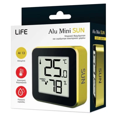 Ψηφιακό θερμόμετρο και υγρόμετρο LIFE ALU MINI SUN εσωτερικού χώρου με πλαίσιο αλουμινίου