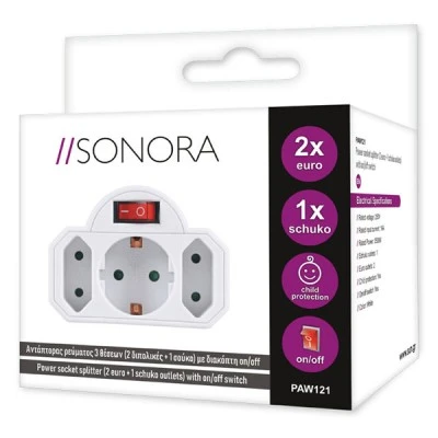 Αντάπτορας ρεύματος SONORA PAW121 3 θέσεων (2 διπολικές + 1 σούκο) 3500W 16A με διακόπτη on/off