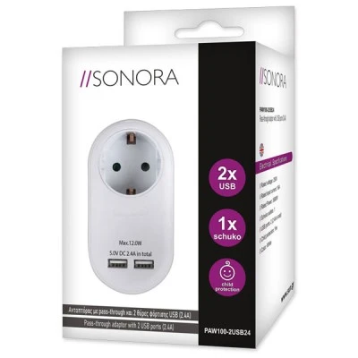 Ανταπτόρας SONORA PAW100-2USB24 3680W με pass-through και 2 θύρες φόρτισης USB (2.4Α)
