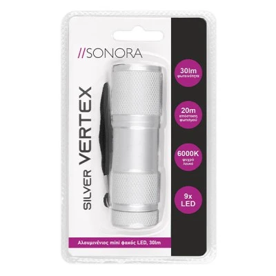 Mini φακός χειρός αλουμινένιος LED SONORA SILVER VERTEX 30lm 6000k σε ασημί χρώμα