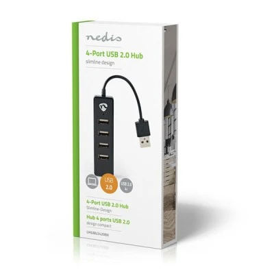 USB 2.0 Hub 4 θυρών σε μαύρο χρώμα με ενσωματωμένο καλώδιο μήκους 12cm