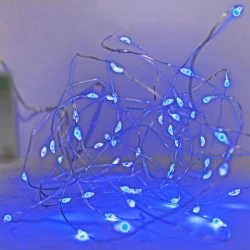 50 micro led μπαταρίας σταθερά σε πλεξούδα με ασημί σύρμα μπλε φως εσωτερικού χώρου IP20