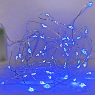 50 micro led μπαταρίας σταθερά σε πλεξούδα με ασημί σύρμα μπλε φως εσωτερικού χώρου IP20