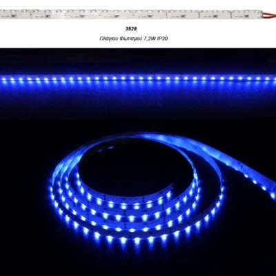 Led ταινία πλάγιου φωτισμού 5m ισχύος 7,2W/m 12VDC μπλε φως 90LED/m αυτοκόλλητη