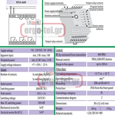 Ασύρματος δέκτης ράγας ELKO RFSA-66M 3modules 230V με κεραία & 6εξόδους εμβέλεια 200m