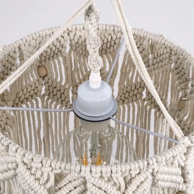 GloboStar® CONGO 36206 Boho Κρεμαστό Φωτιστικό Μακραμέ Μονόφωτο 1 x E27 IP20 Μπεζ Ύφασμα - Μ30 x Π30 x Υ50cm