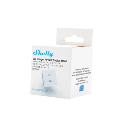 USB φορτιστής Shelly USB Charger Adapter (USB-C/USB-A) λευκός με 2 θύρες Type-A και Type-C για το Shelly Wall Display Stand