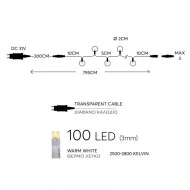 100 Led σε σειρά θερμό φως με λευκές-ροζ υφασμάτινες μπάλες με μετασχηματιστή και διάφανο καλώδιο