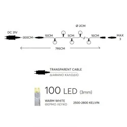 100 Led σε σειρά θερμό φως με λευκές-ροζ υφασμάτινες μπάλες με μετασχηματιστή και διάφανο καλώδιο