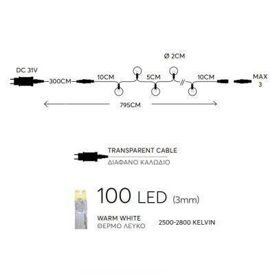 100 Led σε σειρά θερμό φως με λευκές-ροζ υφασμάτινες μπάλες με μετασχηματιστή και διάφανο καλώδιο