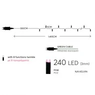 240 ροζ χριστουγεννιάτικα λαμπάκια led 3mm με πράσινο καλώδιο 300cm και 8 προγράμματα IP44