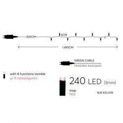 240 ροζ χριστουγεννιάτικα λαμπάκια led 3mm με πράσινο καλώδιο 300cm και 8 προγράμματα IP44