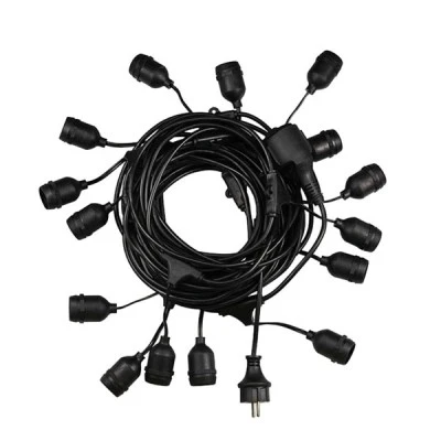 GloboStar® 78982 WIRE GARLAND Καλωδιογιρλάντα PVC 5 Μέτρων με 15 Ντουί E27 με Πρίζα Schuko Επεκτεινόμενη Αδιάβροχη IP65