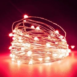 100 mini led λαμπάκια κόκκινα σε σειρά με ασημί καλώδιο χαλκού και με μετασχηματιστή IP44