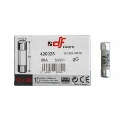 Φυσίγγιο κυλινδρικό πορσελάνης 10x38mm ταχείας καύσεως gG 25A