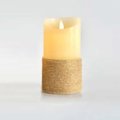 Κερί μπαταρίας 7,5x15cm ιβουάρ με σχοινί, κίνηση στη φλόγα και χρονοδιακόπτη