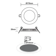 Φωτιστικό LED PANEL οροφής χωνευτό στρόγγυλο Φ150mm 230V 12W με ενδιάμεσο χρώμα φωτός 4000K 1100lm σε λευκό χρώμα