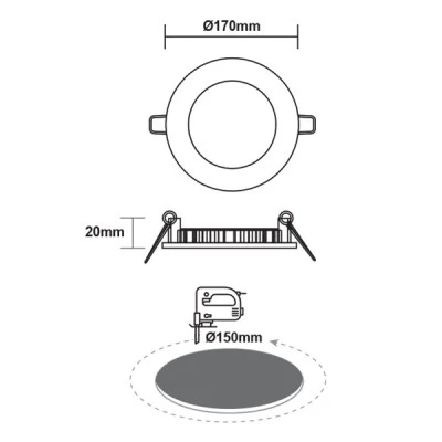 Φωτιστικό LED PANEL οροφής χωνευτό στρόγγυλο Φ150mm 230V 12W με ψυχρό χρώμα φωτός 6500K 1100lm σε λευκό χρώμα