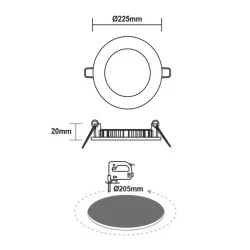 Φωτιστικό LED PANEL οροφής χωνευτό στρόγγυλο Φ205mm 230V 18W με θερμό χρώμα φωτός 3000K 1700lm σε λευκό χρώμα