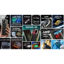 Smartphone ULEFONE Armor 22 6.58"& χωρητικότητα 8GB 128GB με μπαταρία 6600mAh μαύρο