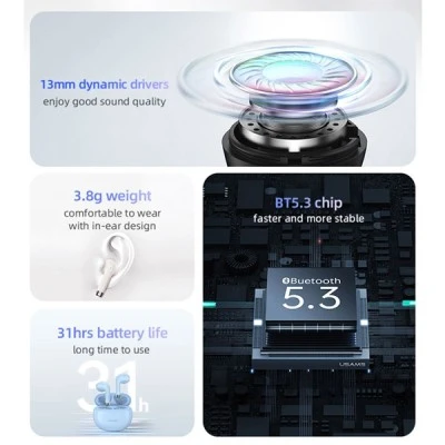 Earphones USAMS με θήκη φόρτιση True Wireless Φ13mm με μαύρα χρώμα