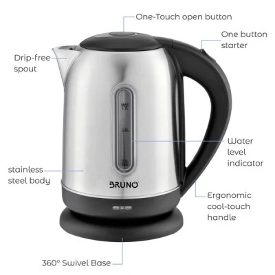 Ηλεκτρικός βραστήρας BRUNO BRN-0029 2200W 1.7t με αφαιρούμενο και πλενόμενο φίλτρο και βάση 360°