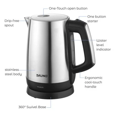 Ηλεκτρικός βραστήρας BRUNO BRN-0030 2200W 1.7lt με ένδειξη στάθμης νερού & εργονομική λαβή
