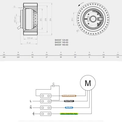 Φυγόκεντρος κινητήρας με φτερωτή BASSF 160-60 150W 600m³/h 2630rpm με διάμετρο Φ160mm