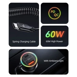 Φορτιστής αυτοκινήτου USAMS με καλώδιο, USB/USB-C με απόδοση έως 60W & LED φωτισμό σε μαύρο χρώμα  