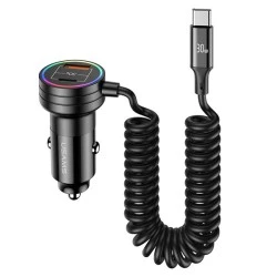 Φορτιστής αυτοκινήτου USAMS με καλώδιο, USB/USB-C με απόδοση έως 60W & LED φωτισμό σε μαύρο χρώμα  
