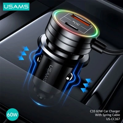Φορτιστής αυτοκινήτου USAMS με καλώδιο, USB/USB-C με απόδοση έως 60W & LED φωτισμό σε μαύρο χρώμα Φορτιστής αυτοκινήτου USAMS με καλώδιο, USB/USB-C με απόδοση έως 60W & LED φωτισμό σε μαύρο χρώμα