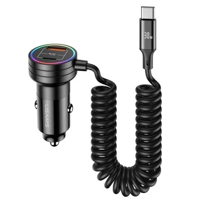 Φορτιστής αυτοκινήτου USAMS με καλώδιο, USB/USB-C με απόδοση έως 60W & LED φωτισμό σε μαύρο χρώμα Φορτιστής αυτοκινήτου USAMS με καλώδιο, USB/USB-C με απόδοση έως 60W & LED φωτισμό σε μαύρο χρώμα